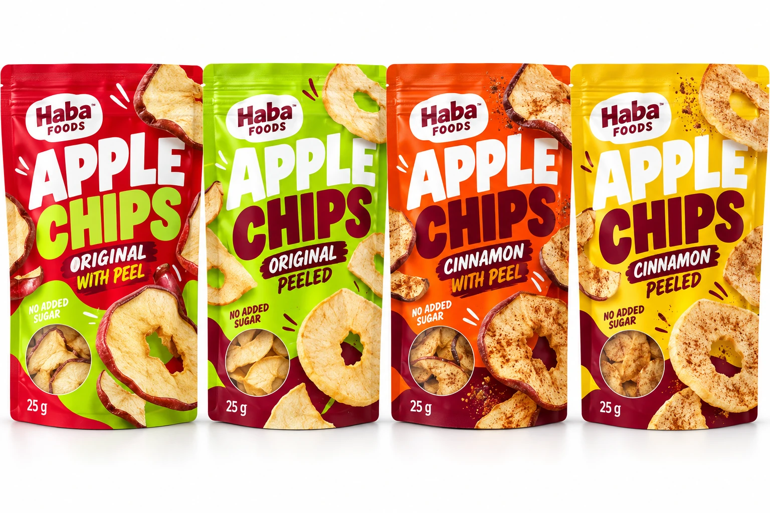 Four colourful Haba Foods 25 g retail pouches