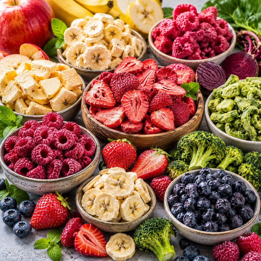 Fruits et légumes séchés et lyophilisés — fraise, framboise, banane, brocoli