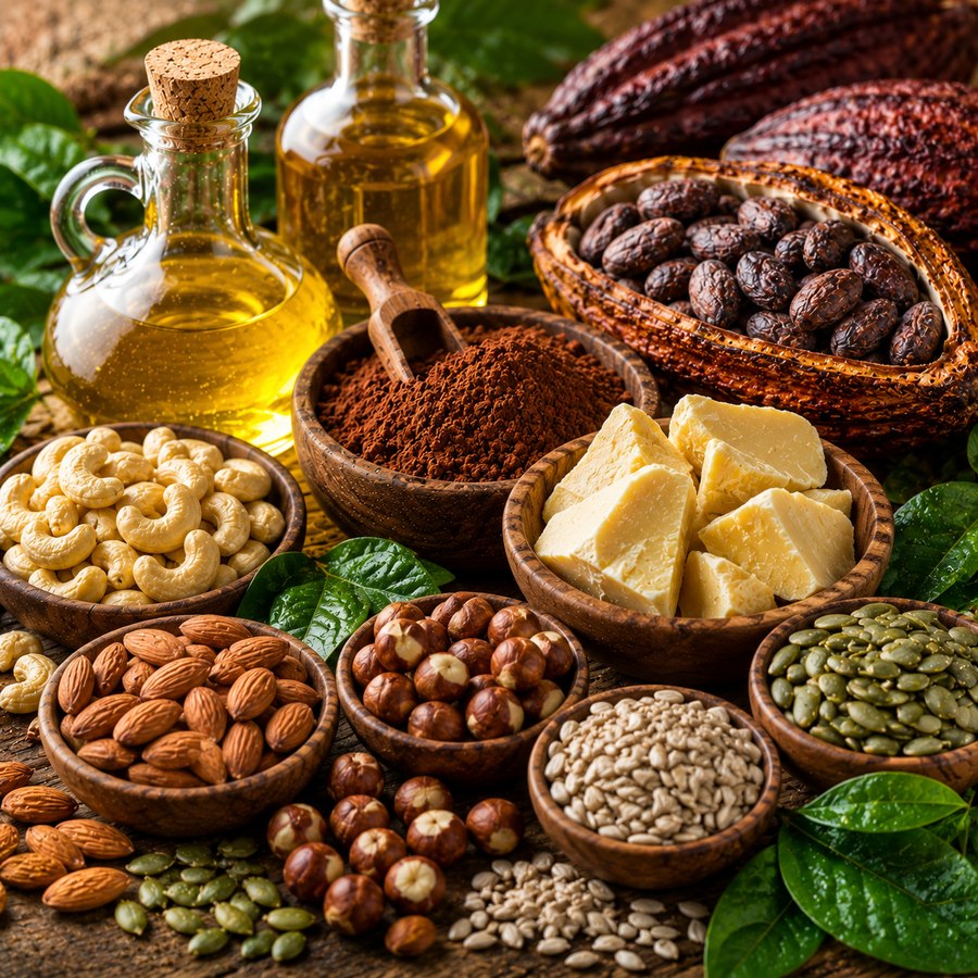 Huiles végétales, fèves de cacao, beurre de cacao et poudre de cacao